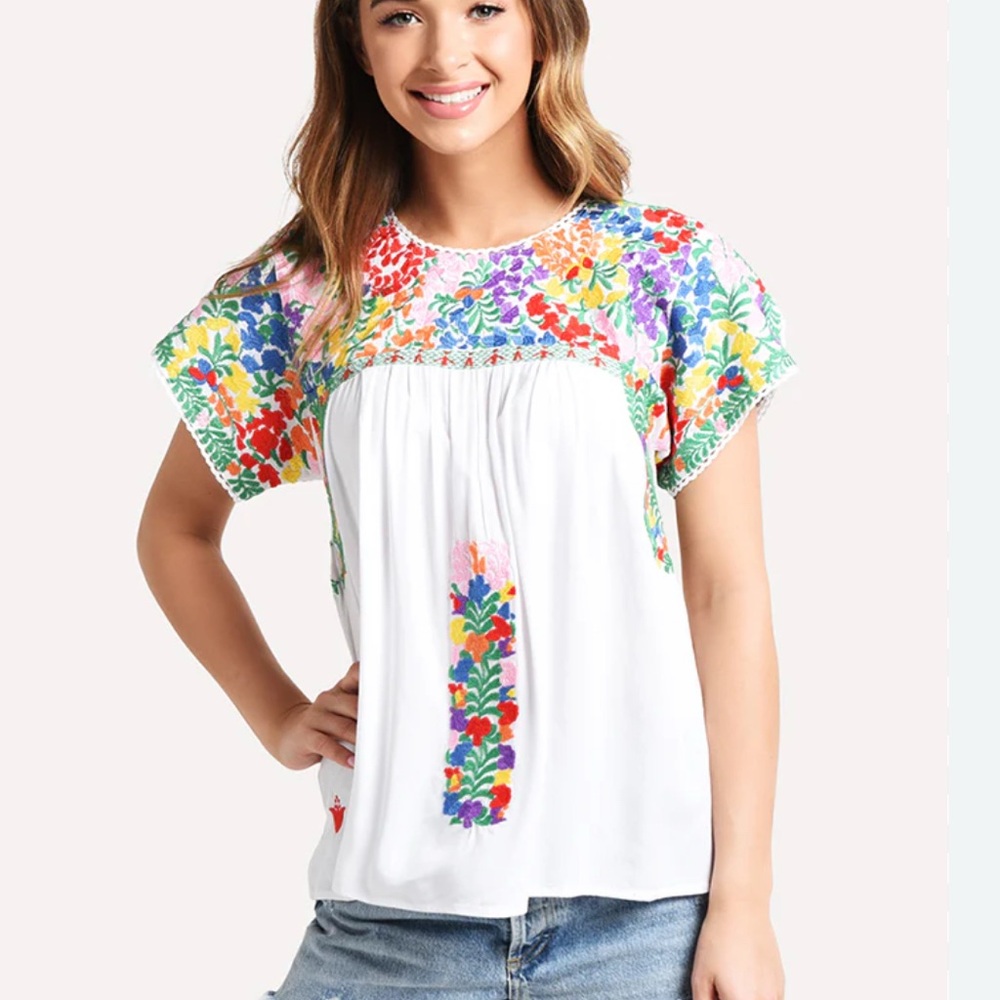 J. Marie Colorful Floral Embroidered Carmen Top Size XS White With Flower Blouse